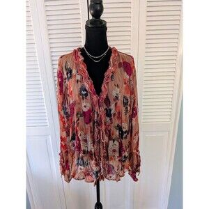 Lola P Blouse Womens 3X Sheer Mauve Floral Crinkle Bead Romantic Cottagecore Top